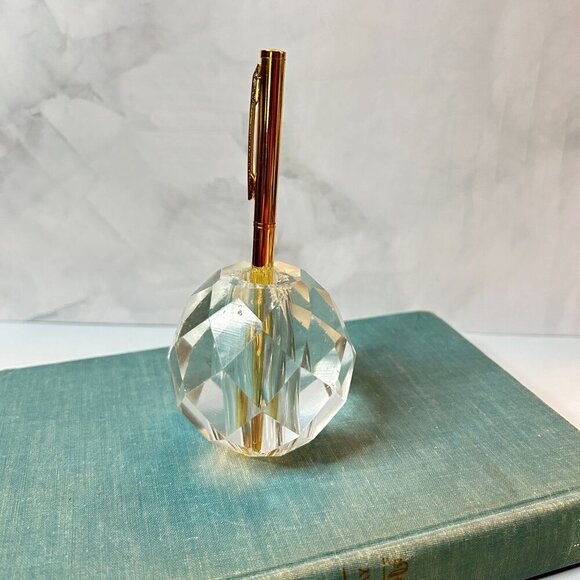 Vintage Faceted Glass Cube Paperweight Pen Holder Hollow Center Mid Century - Picture 1 of 6